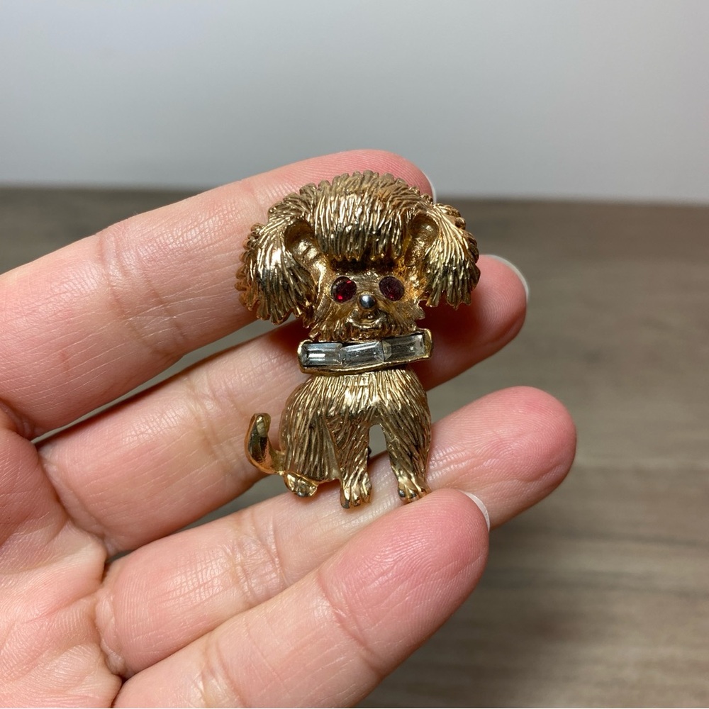 Yorkshire Terrier Gold Dog Brooch with Red Jewel Eyes Vintage Pin